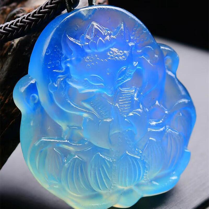 大号巴西天然蓝色水晶海蓝宝九尾狐狸吊坠项链手工雕工42.5g即