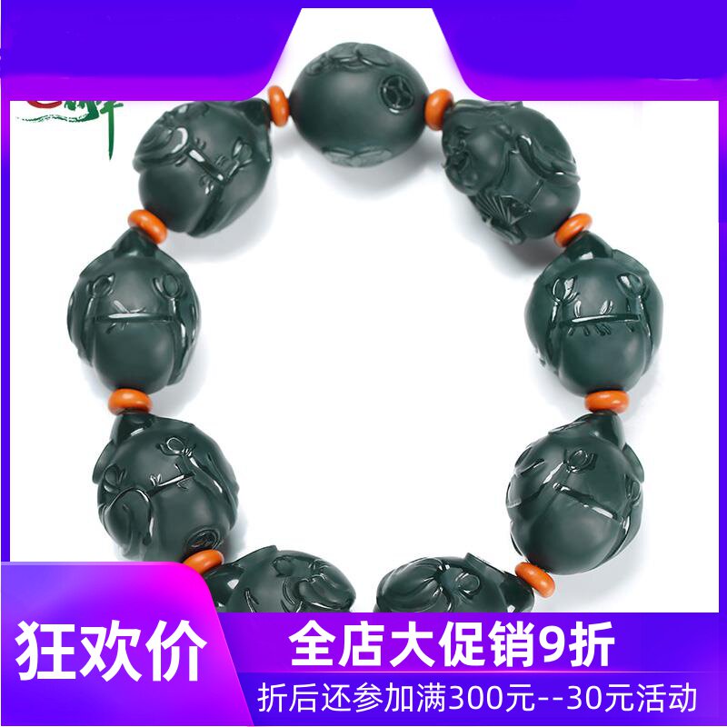 和田玉青玉财神手串男女款手链塔青细料玉石玉器手饰含证书yzf