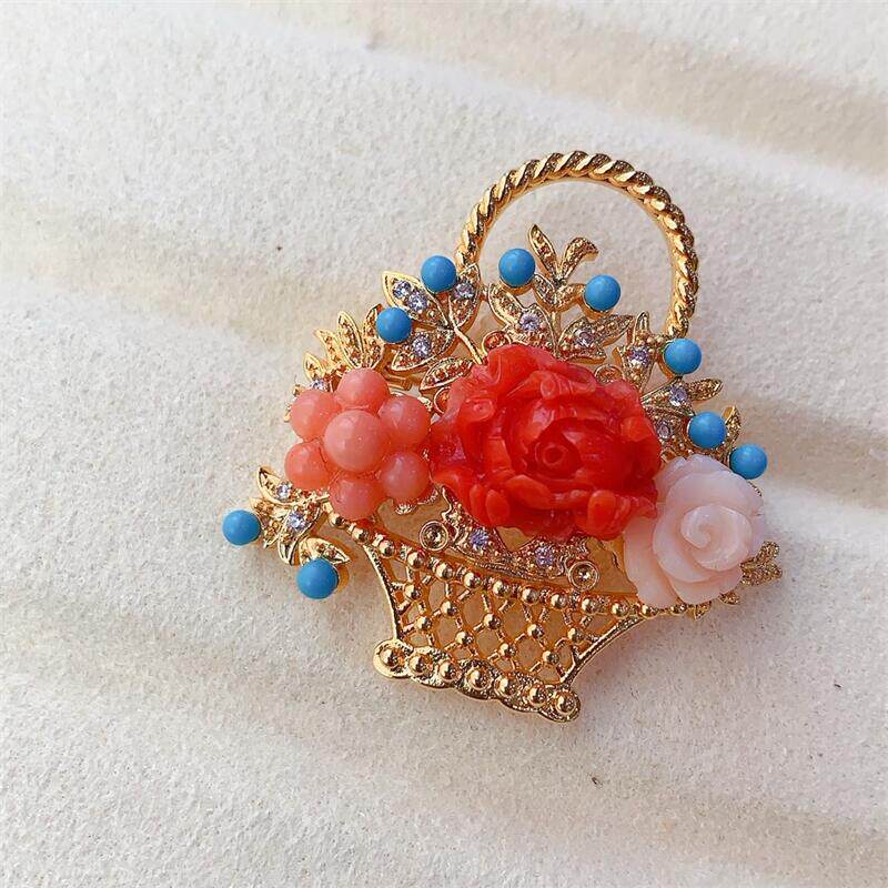 天然莫莫珊瑚花篮胸针项链吊坠原色momo有机宝石阿卡粉色白粉