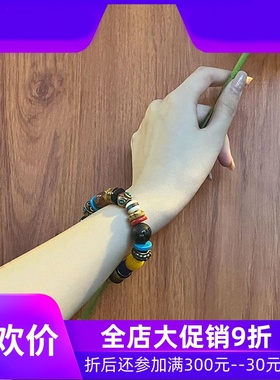 西藏天然三眼天珠手串牦牛骨凤眼菩提绿松琉璃多宝手链藏式风绳子