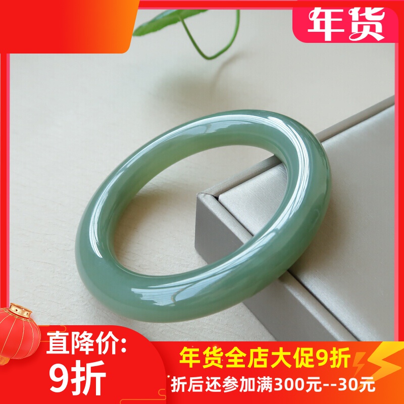 和田玉青玉手镯 湖水绿色胖圆条手镯女款玉首饰天然玉石一物一图