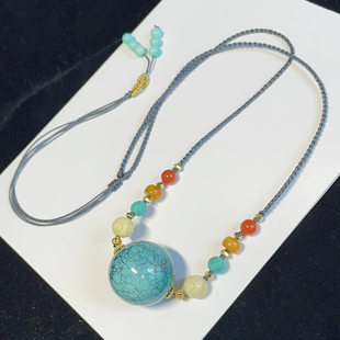 天然湖北原矿高瓷绿松石回纹珠乌兰花项链吊坠锁骨链网花18k金