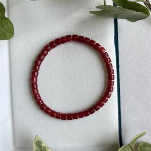 天然原色有机宝石收藏级阿卡色珊瑚牛血红药片直切手串手串5mm颂