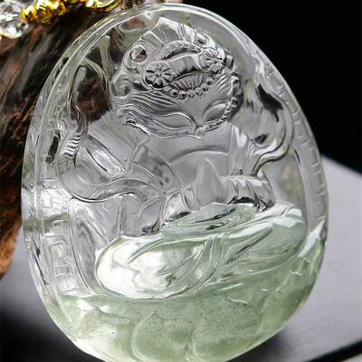 加大号巴西天然水晶绿幽灵翠绿俏色九尾狐狸吊坠项链雕工120g即
