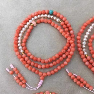 天然粉珊瑚圆珠手串三圈手链手串4mm原色有机宝石阿卡粉红颂