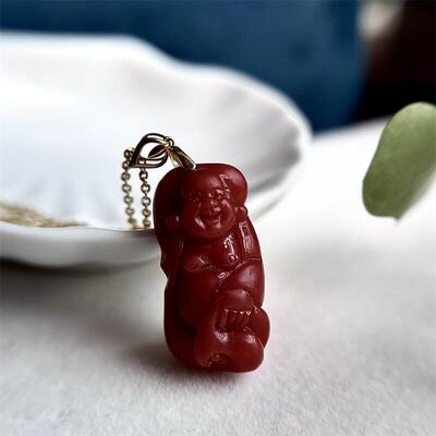 天然日本有机宝石珊瑚阿卡黑赤血弥乐佛18K金吊坠项链5.64克颂