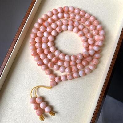 天然台湾莫莫珊瑚7.5mm佛珠手串手链原色momo有机宝石阿卡白粉颂