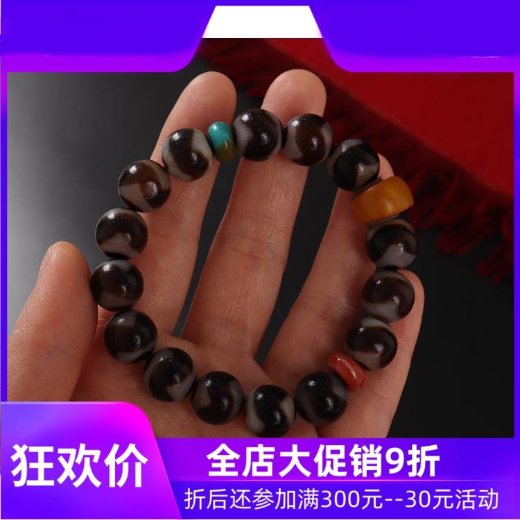 【一物一图】西藏虎牙天珠手链 藏传老蜜蜡手串 原创手作饰品qbt