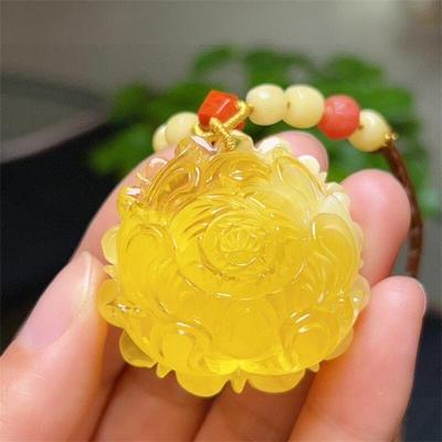 天然俄料原矿蜜蜡牡丹花吊坠女款项链22.5克金绞蜜无优化无烤色凯