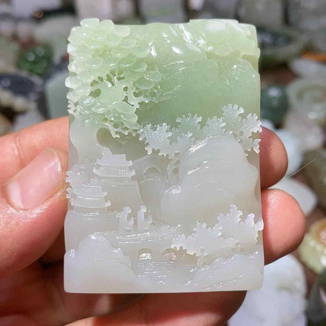 手工雕刻新疆天然和田玉翠青藕粉山水牌四六牌高细高润zqyx