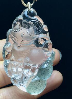 天然水晶巴西绿幽灵俏色巧雕九尾狐项链吊坠63.7克翠绿满天星秀