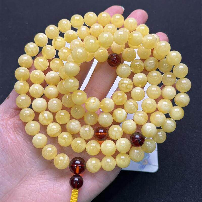 天然俄料原矿白花蜜蜡佛珠108粒手链项链手串9.7mm无优化无烤色