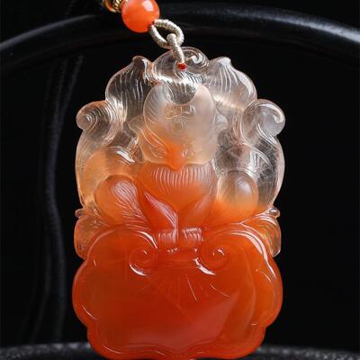 天然水晶巴西俏色红兔毛九尾狐项链吊坠47.4克发晶聚宝盆通透体秀