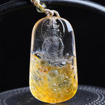 天然水晶黄胶花文殊菩萨本命佛项链吊坠45.5克透体火彩凤凰焦花秀
