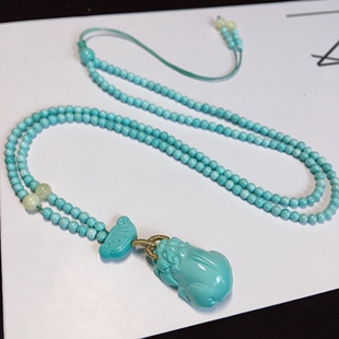天然湖北原矿高瓷绿松石圆珠吊坠项链蓝乌兰花一级网花水草纹