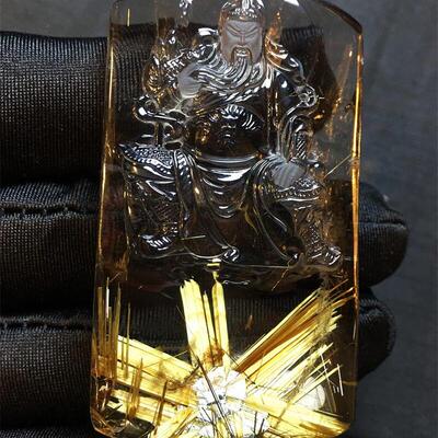 天然水晶巴西钛晶关公项链吊坠55克金发晶钛晶板钛猫眼原矿顺发贺