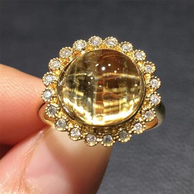 天然巴西料水晶钛晶女款18k金戒指戒面圈17板钛猫眼原矿顺发速