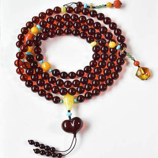 天然俄料原矿蜜蜡血珀圆珠108佛珠项链手串手链9mm5A净水无烤色凯