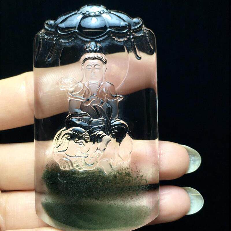天然水晶巴西绿幽灵普贤菩萨守护神项链吊坠64.5克千层山翠绿