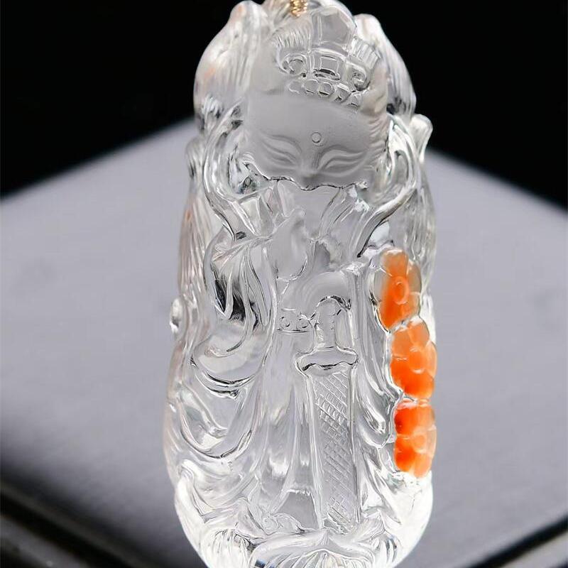 加大号天然红水晶手工雕刻俏色花开富贵九尾狐狸吊坠项链83.5g即