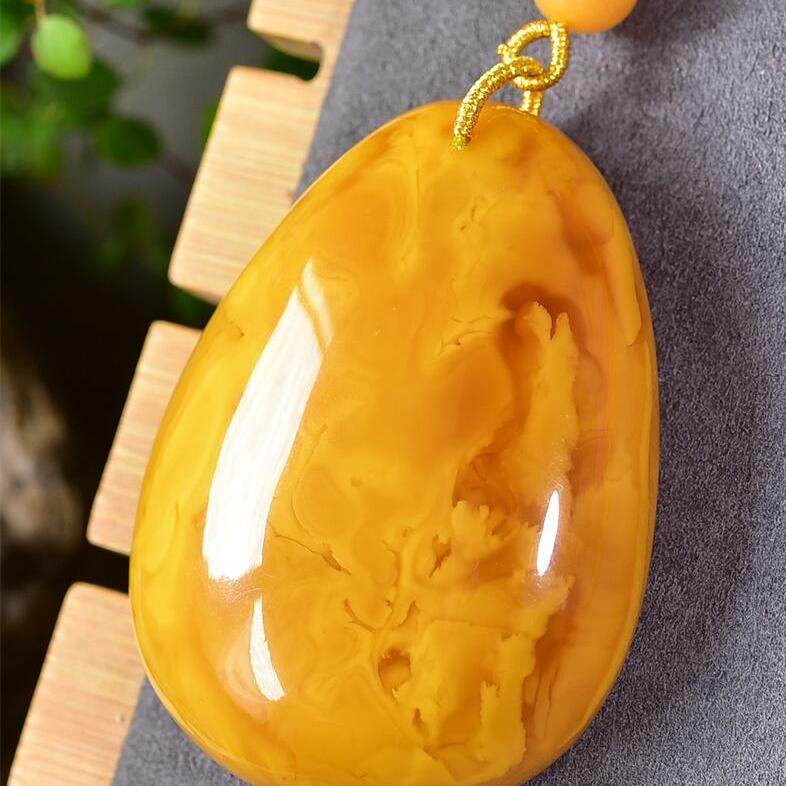 天然欧洲俄料老蜜蜡水滴女款项链吊坠43.8g妖花纹无优化无烤色秀