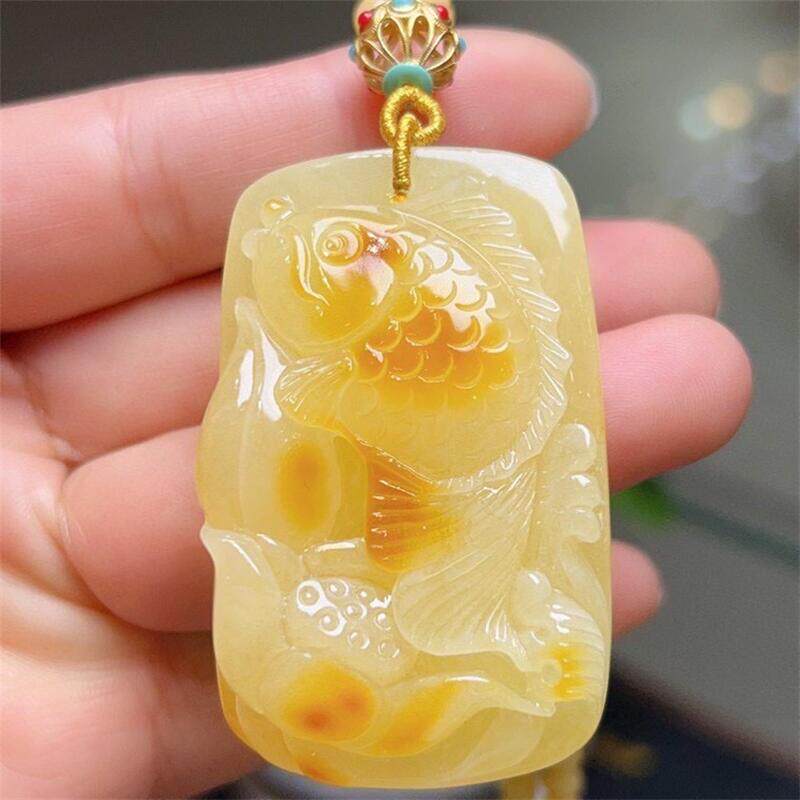 天然俄料原矿蜜蜡富贵鱼吊坠女款项链21.4克无优化无烤色琥珀