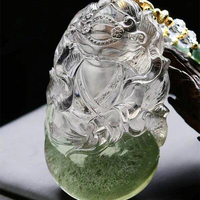 加大号巴西天然水晶绿幽灵翠绿手工俏色九尾狐狸吊坠项链109.4g即