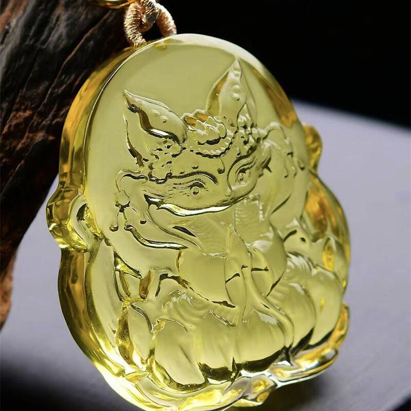 大号天然巴西黄水晶九尾狐狸吊坠毛衣项链两用款手工雕工72g即