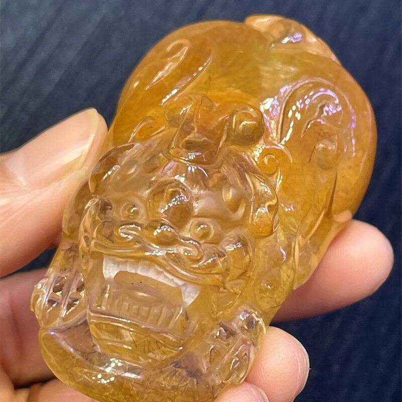 天然水晶黄兔毛发貔貅把玩摆件晶体全净通透巧雕手工129克礼物速