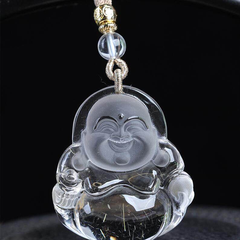 天然水晶巴西原矿金发晶大肚佛女款项链吊坠36.6克白体黄发晶