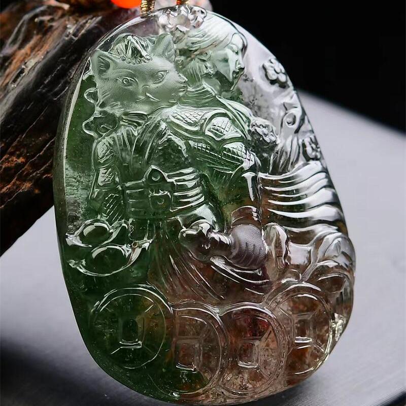 大号天然水晶绿幽灵红幽灵立体将军美女狐狸吊坠手工雕工42.4g即