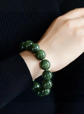 天然和田玉沙枣青圆珠手链 重量88.6克 配检测证书 cs