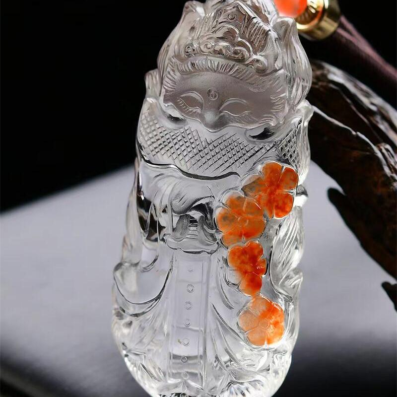 大号天然原矿红水晶俏色花开富贵九尾狐狸吊坠项链手工雕工50g即