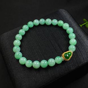 天然A货翡翠7.9mm圆珠手链 冰透dw0 18k金果绿满色单圈手串冰糯种