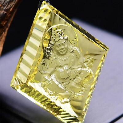 收藏品天然巴西千禧面黄水晶财神钻石吊坠项链手工雕工67.9g即