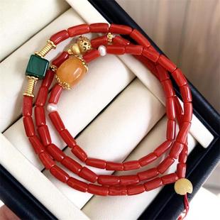 天然红珊瑚深牛血长桶手链手串有机宝石阿卡沙丁深海红科西嘉颂