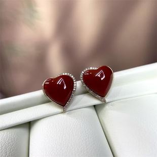 天然日本阿卡珊瑚18k金爱心耳钉原色有机宝石阿卡沙丁牛血红速