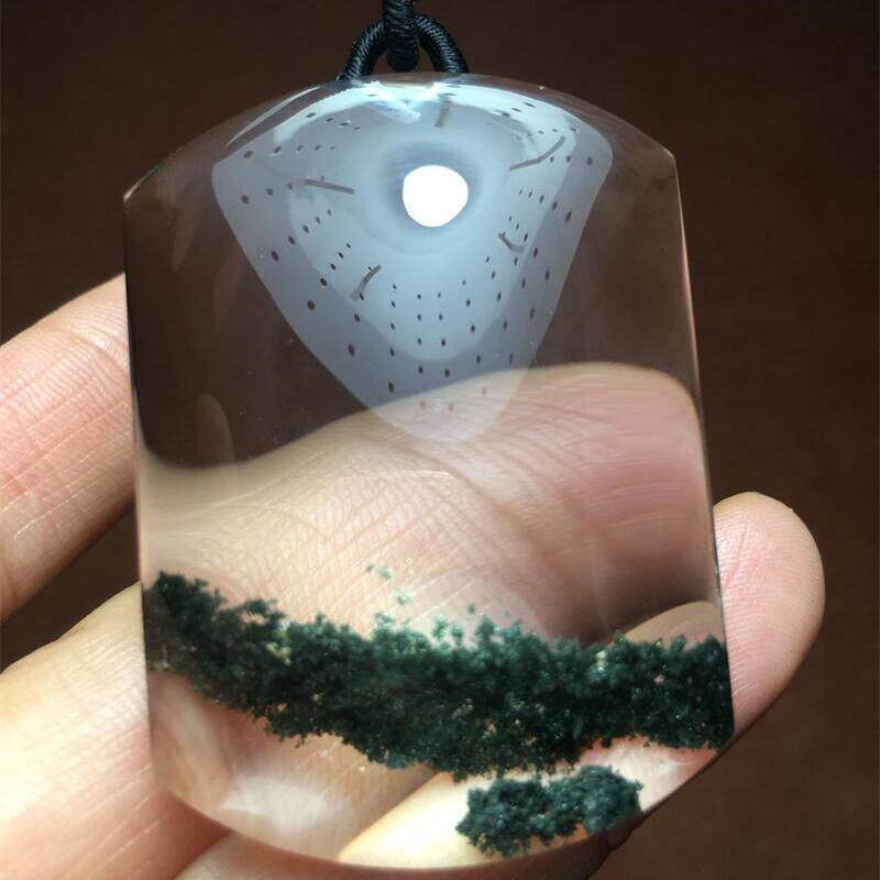 天然水晶巴西绿幽灵聚宝盆平安无事牌项链吊坠50克千层山墨绿
