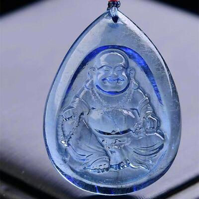 收藏品大号天然海蓝宝立体佛吊坠项链晶体通透手工雕工16.8g即