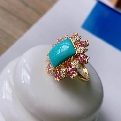 天然湖北原矿绿松石方型戒指 18k金钻红宝石镶嵌 重7.61克配证jd0