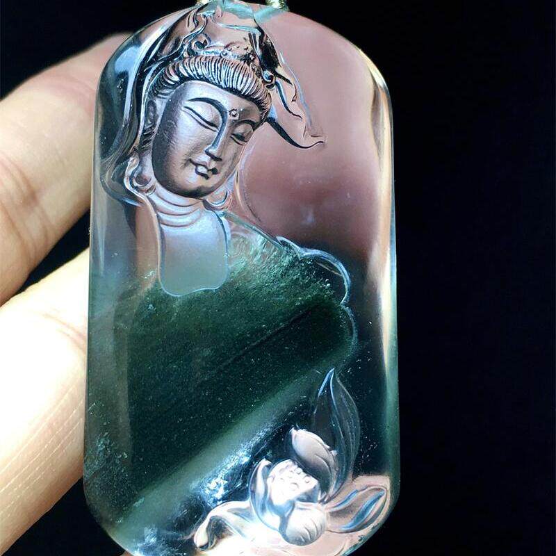 天然水晶巴西老矿绿幽灵莲花观音项链吊坠50.3克千层山翠绿透体