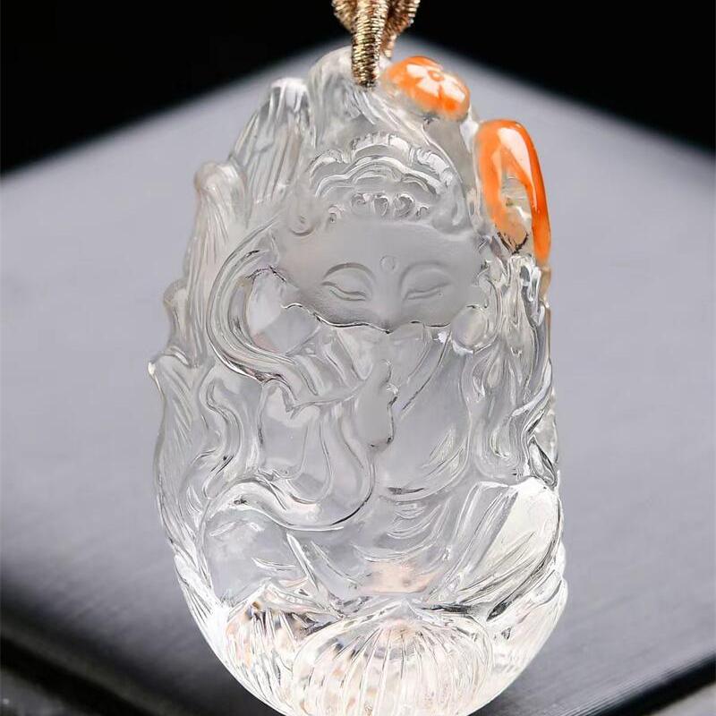巴西天然原矿红水晶俏色手工雕刻如意九尾狐狸吊坠项链35.2g即
