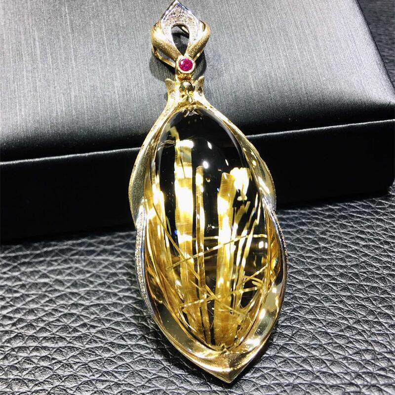 天然巴西水晶钛晶18k金吊坠项链17.2克板钛猫眼原矿通全净体速