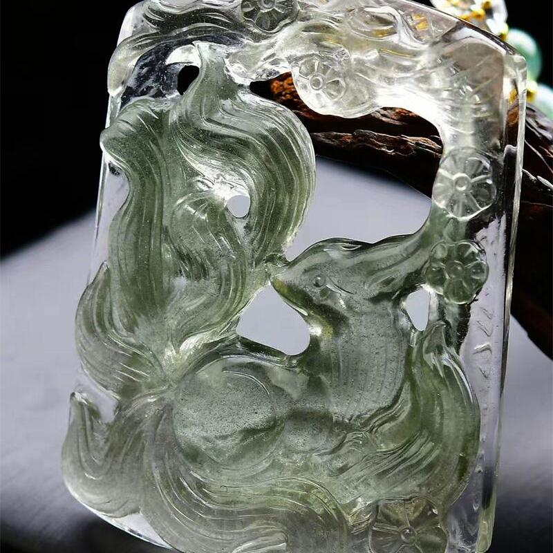 大号天然绿幽灵的九尾狐狸吊坠项链毛衣链两用款镂空雕刻70.6g即