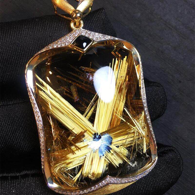 天然水晶巴西钛晶花牌子18k金项链吊坠36克金发晶板钛猫眼原矿贺