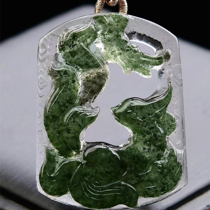 大号天然绿幽灵九尾狐狸吊坠项链毛衣链两用款镂空雕刻26.5g即