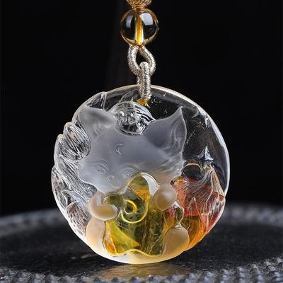 天然水晶俏色七彩红黄胶花九尾狐水晶项链吊坠18.1克锦鲤焦花秀