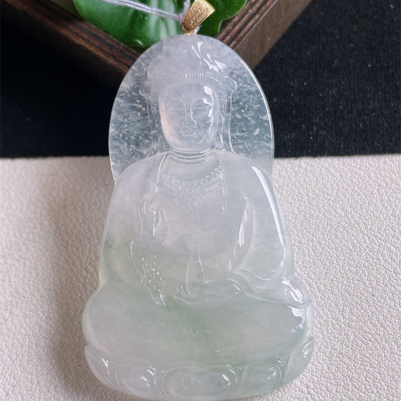 天然缅甸A货翡翠a货18K金冰糯种原矿晴水绿观音菩萨项链吊坠即