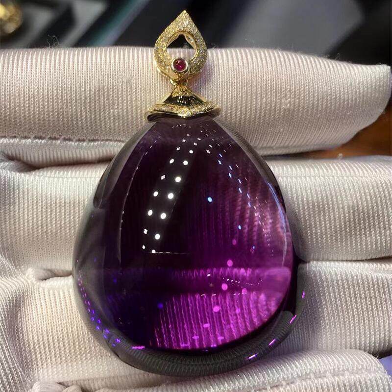 天然巴西水晶紫水晶 18k金水滴型项链吊坠37.5克透体紫罗兰色速
