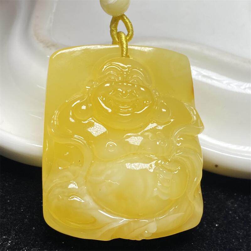 天然俄料原矿雕刻弥勒佛蜜蜡项链吊坠19.8克无优化无烤色琥珀